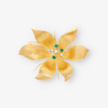 Broche flor oro, esmeralda y bri